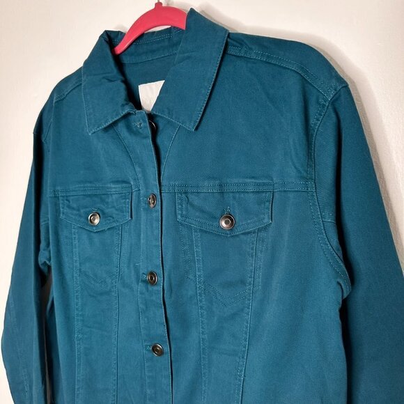 Wavvy Jacket Women Size M Teal Cotton Long Sleeve Pocket Collared Button Down - Picture 2 of 5